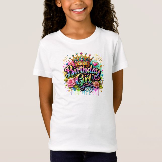 Birthday Girl Glittery Glam Retro Typography T-Shirt (Front)
