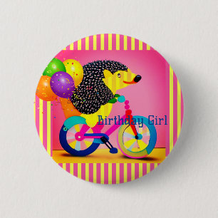 Birthday Girl Hedgehog Riding Bicycle Balloons   6 Cm Round Badge