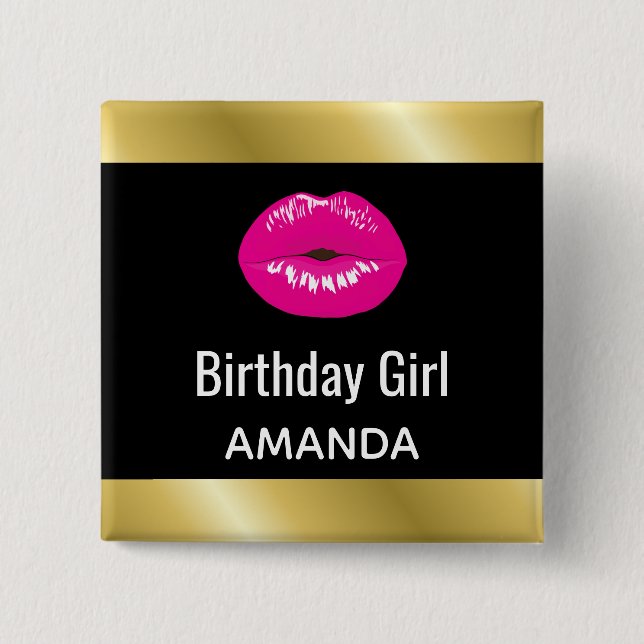 Birthday Girl Hot Pink Lips Glamourous 15 Cm Square Badge (Front)
