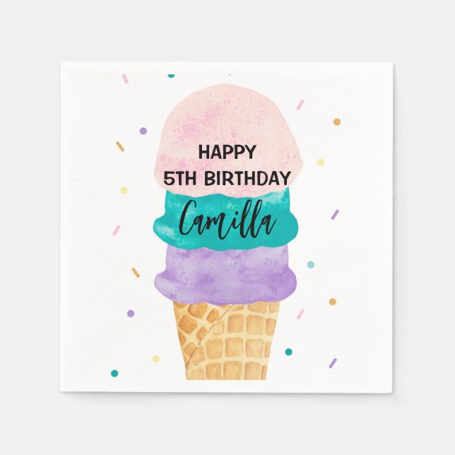 Birthday Girl Ice Cream Cone Party Invitation Napkin (Front)