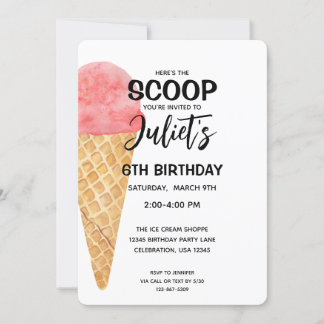 Birthday Girl Ice Cream Cone Pink Party Invitation