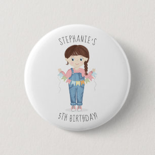 Birthday Girl in Overalls Brunette 6 Cm Round Badge