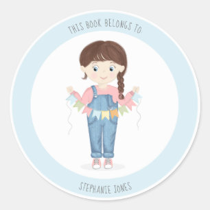 Birthday Girl in Overalls Brunette Classic Round Sticker