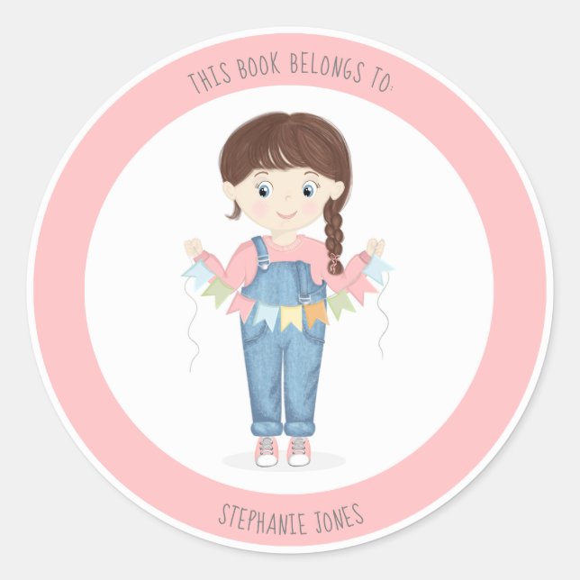 Birthday Girl in Overalls Brunette Classic Round Sticker (Front)