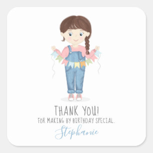 Birthday Girl in Overalls Brunette Square Sticker