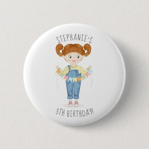 Birthday Girl in Overalls Redhead 6 Cm Round Badge