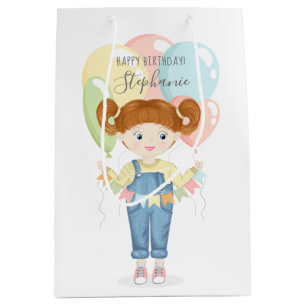 Birthday Girl in Overalls Redhead Medium Gift Bag