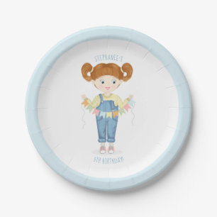 Birthday Girl in Overalls Redhead Paper Plate