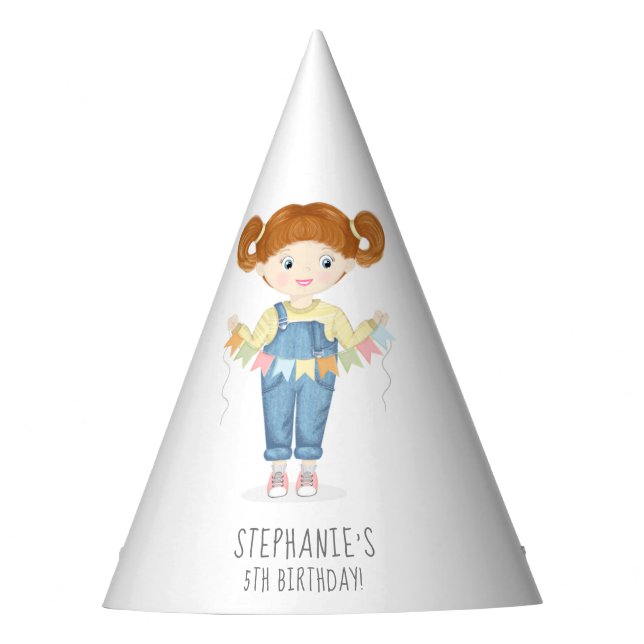 Birthday Girl in Overalls Redhead  Party Hat (Front)