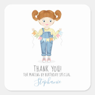 Birthday Girl in Overalls Redhead Square Sticker