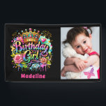 Birthday Girl Kids Pink Teal Graffiti Photo  Banner<br><div class="desc">Celebrate in style with this Personalised Graffiti Birthday Banner—the perfect statement piece for your little girl’s special day! Featuring a bold black background and vibrant pink, teal, and yellow graffiti-style text and a sparkling tiara this custom banner pops with personality and fun. Text says, "Birthday Girl." Add her name and...</div>