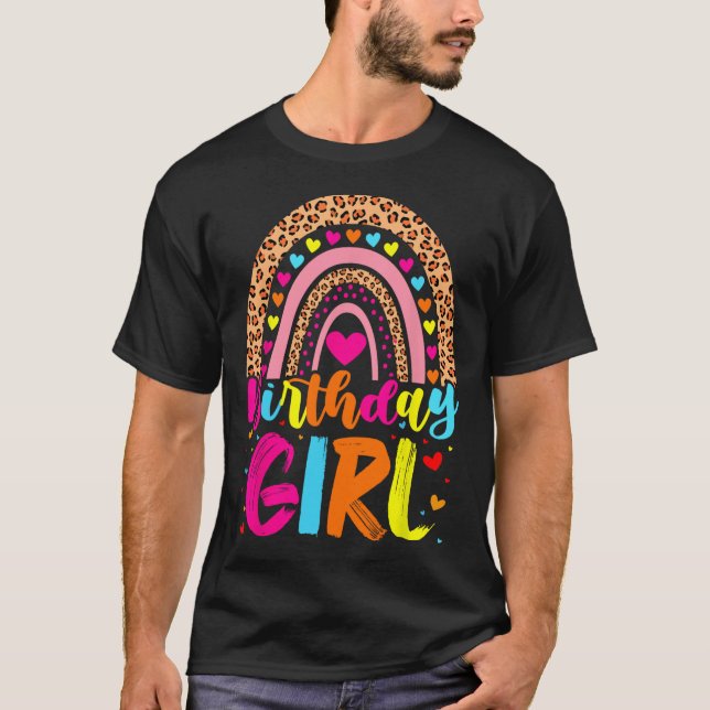 Birthday Girl Leopard Rainbow Birthday Party Famil T-Shirt (Front)