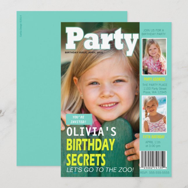 Birthday Girl Magazine Cover 3 Photos Party Invitation (Front/Back)