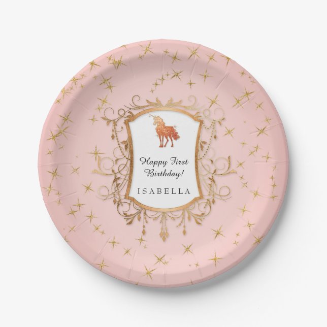 Birthday Girl Magical Unicorn Rose Gold Princess Paper Plate (Front)