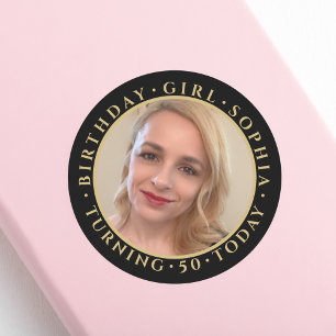 Birthday Girl Name Age Photo Elegant Black Gold Classic Round Sticker