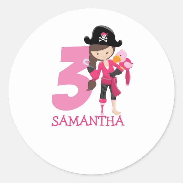 Birthday GIRL ParrotParty Pirate 3rd Name Classic Round Sticker (Front)