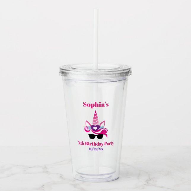 Birthday Girl Party Favour Cool Pink Purple Unicor Acrylic Tumbler (Front)