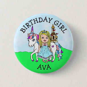 Birthday Girl Personalise Button Princess Unicorn