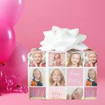 Birthday Girl Photo Collage Template Cute Kids Wrapping Paper<br><div class="desc">Pretty pink wrapping paper with a 6 photo template collage of the birthday girl and her monogrammed name on the cool squares next to a fun birthday cake. Beautiful personalised Happy Birthday gift wrap for a child.</div>