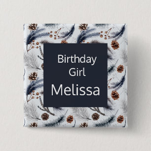 Birthday Girl Pine Cones Winter Pattern 15 Cm Square Badge
