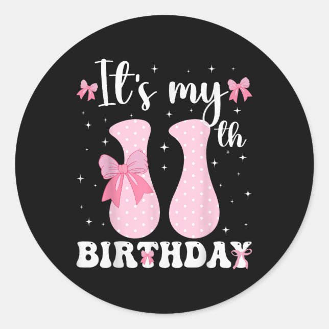 Birthday Girl Pink Coquette Bow 11 Years Old Aesth Classic Round Sticker (Front)