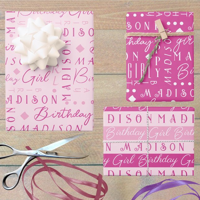 Birthday Girl Pink Cute Add A Name Personalised Wrapping Paper Sheet (Add a name - or three - to this cute pink birthday girl wrapping paper assortment fun for any age)