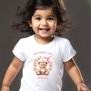 Birthday Girl Pink Cute Bear Floral Name Toddler T-Shirt