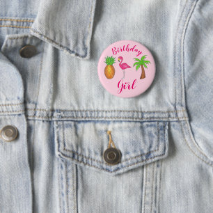 Birthday Girl Pink Flamingo Palm Tree Pineapple 6 Cm Round Badge