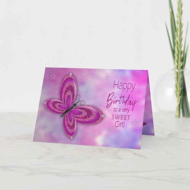 Birthday , Girl, Pink Glitzy Butterfly Card (Front)