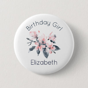Birthday Girl Pink & Gray Flowers Watercolor 6 Cm Round Badge