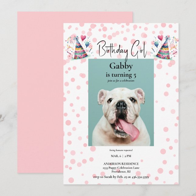Birthday Girl Pink Pet Photo Birthday Party Invitation (Front/Back)