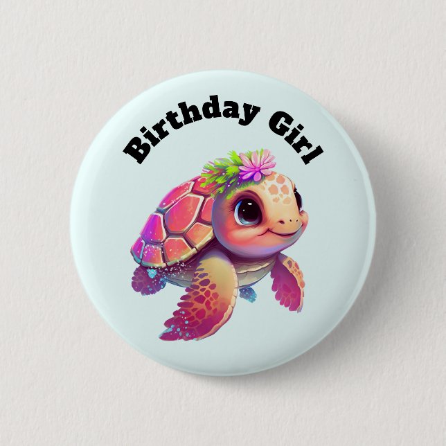 Birthday Girl - Pink Sea Turtle Whimsical & Cute 6 Cm Round Badge (Front)