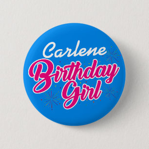 Birthday Girl Pink Typography with NAME on BLUE 6 Cm Round Badge