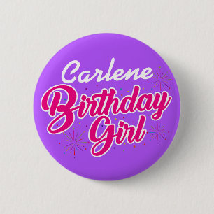 Birthday Girl Pink Typography with NAME on PURPLE 6 Cm Round Badge
