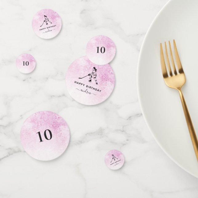 Birthday Girl Playing Ice Hockey Player Name Pink  Confetti (Group)