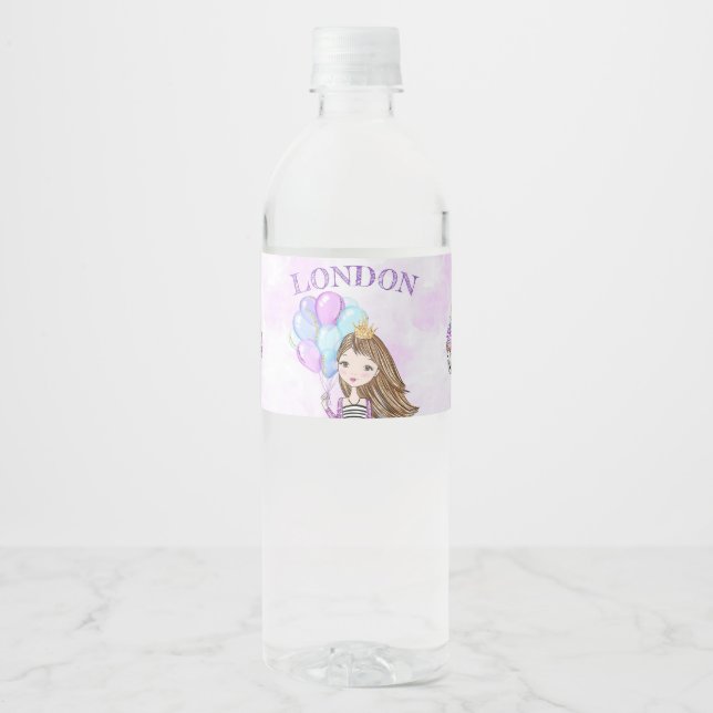 Birthday Girl Princess Lavender Turquoise Gold Water Bottle Label (Front)