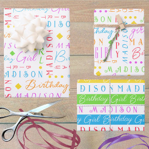 Birthday Girl Rainbow Cute Add A Name Personalised Wrapping Paper Sheet