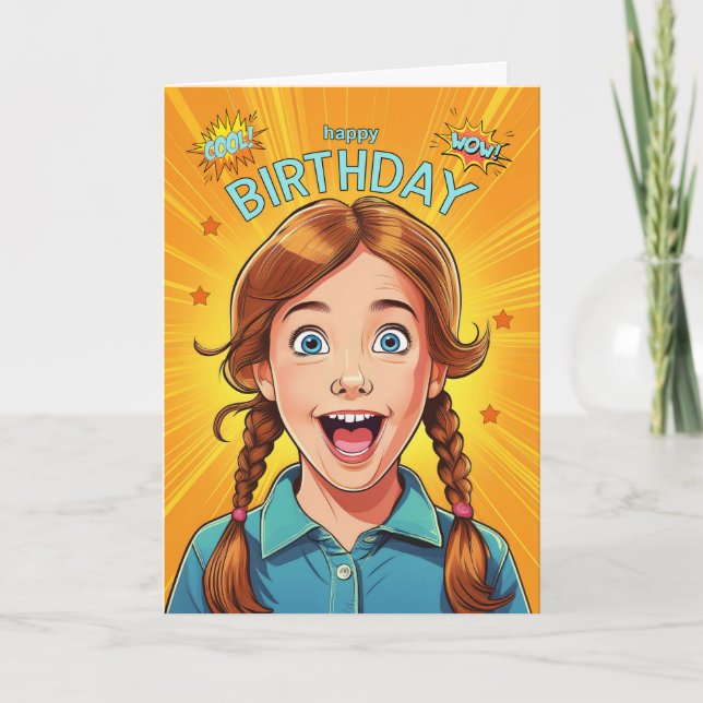 Birthday Girl Redhead in Pigtails Pop Art Style Card (Front)