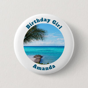Birthday Girl Scenic Tropical Beach Breezy Palm 6 Cm Round Badge