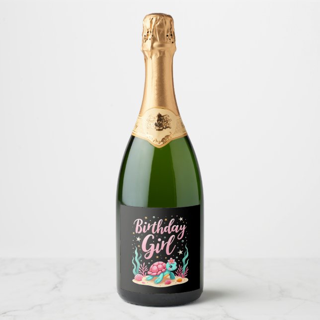 Birthday Girl Sea Turtle Theme Birthday Party Ocea Sparkling Wine Label (Front)