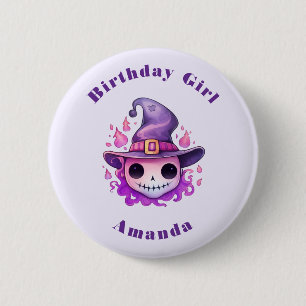 Birthday Girl Skull in a Witch's Hat Whimsical 6 Cm Round Badge
