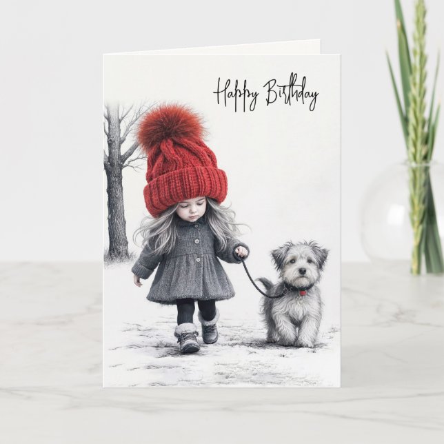 Birthday Girl Walking Her Dog Card (Front)