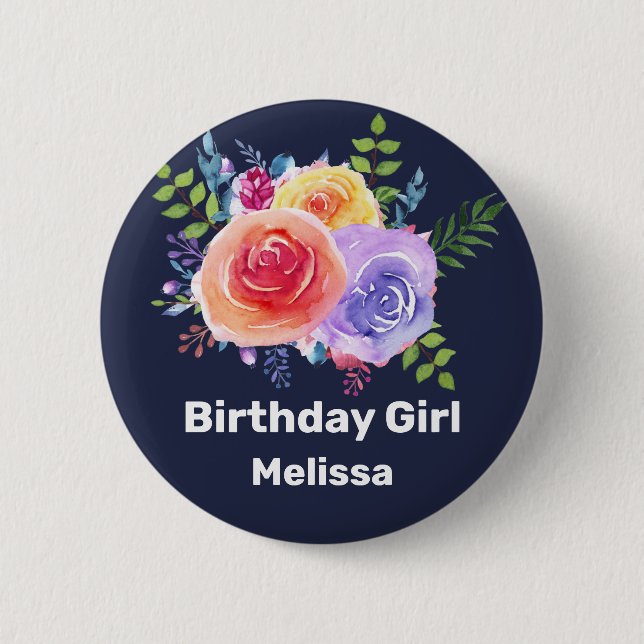 Birthday Girl Watercolor Roses 6 Cm Round Badge (Front)