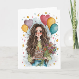 Birthday Girl with Balloons Card
