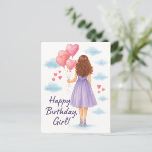 Birthday Girl with Balloons – Watercolor Greeting  Postcard