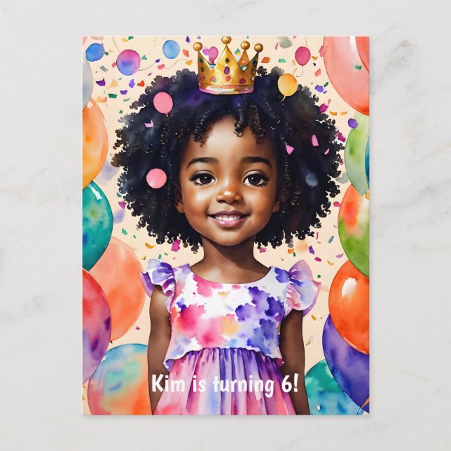 Birthday Girl With Brown Skin Princess Art Invitation Postcard (Front)