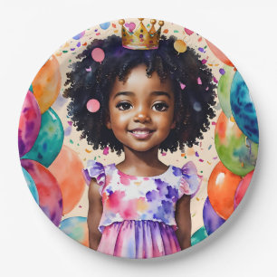 Birthday Girl With Brown Skin Princess Art Paper Plate