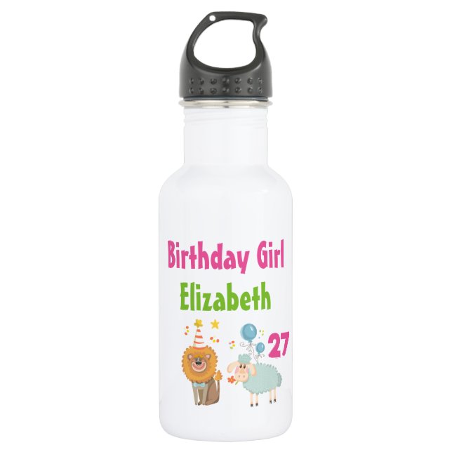 Birthday Girl with Party Lion and Balloon Sheep 532 Ml Water Bottle (Front)