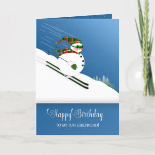 Birthday,Girlfriend, Happy Snowman Skiing Card