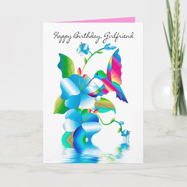 Birthday Girlfriend, Hummingbird & Flowers Card (Front)